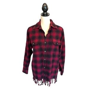 Telluride Clothing Co. Wool Buffalo Plaid Fringe Jacket Shacket in Red & Black